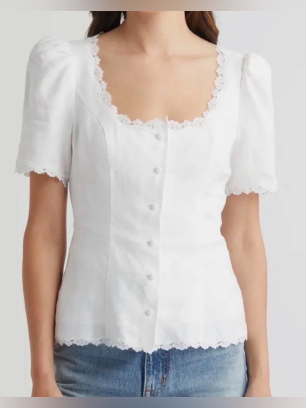 Reformation Annabella top linen White Lace-Trim Puff Sleeve Blouse size 10